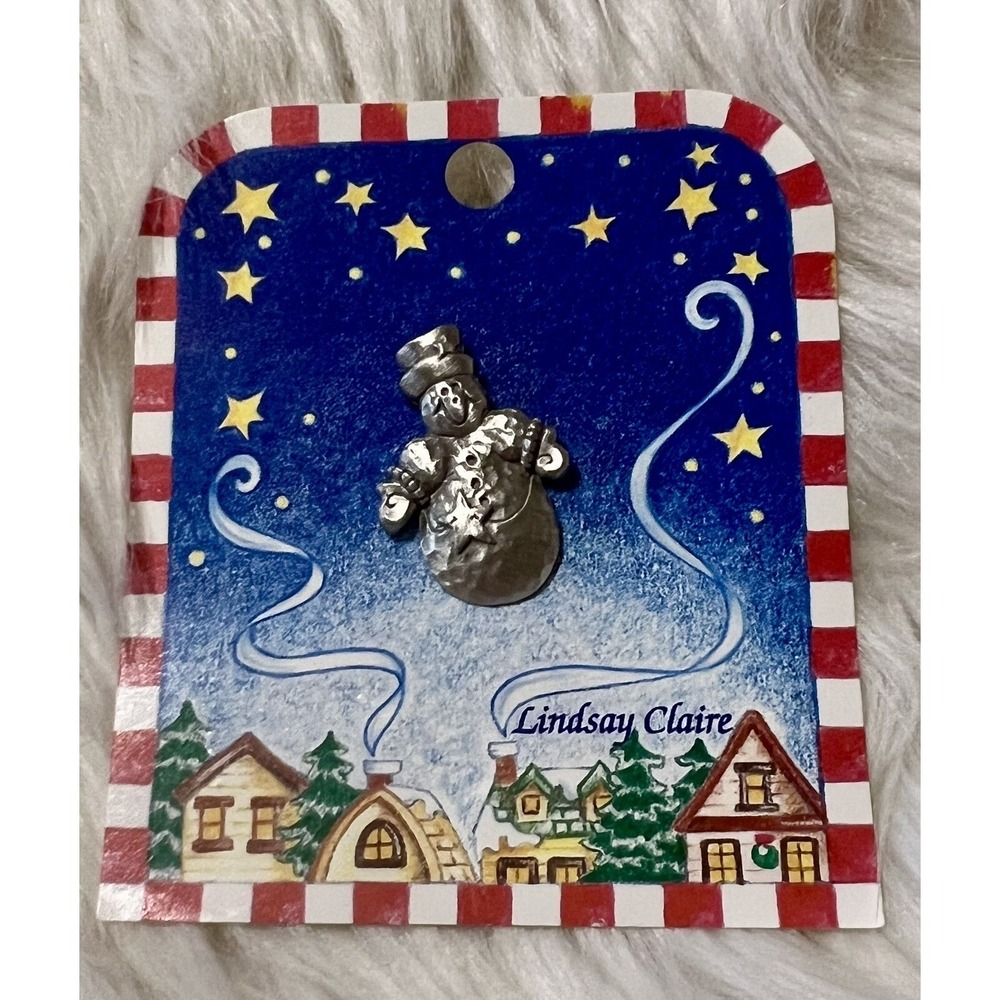 Lindsay Claire Designs Fine Pewter Snowman Frosty Christmas Pinback on Card